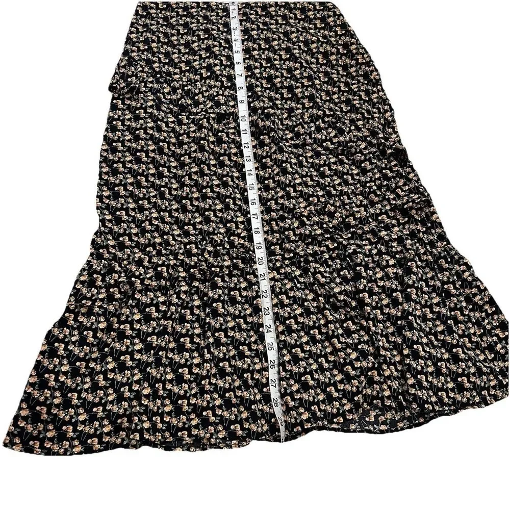 Luna Black Floral Tiered Midi‎ Skirt Womens Medium Elastic Waist Ruffle Boho